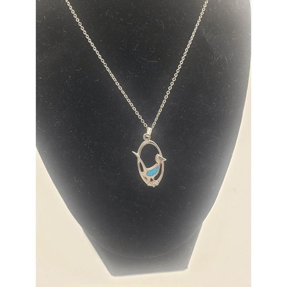 Native American Stamped Pewter Necklace Roadrunner in Oval Design w/Turquoise in - Picture 1 of 6